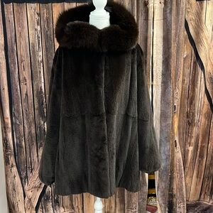 Stunning, reversible, sheared mink 3/4 coat with fox collar and mink hood.